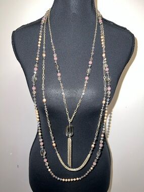 Multi-Strand Pink and Gold Beaded Tassel Necklace - Women's Jewelry